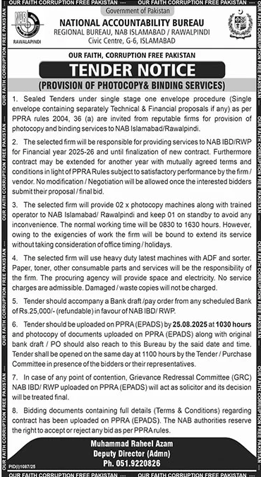 National Accountability Bureau Rawalpindi Tender Notice